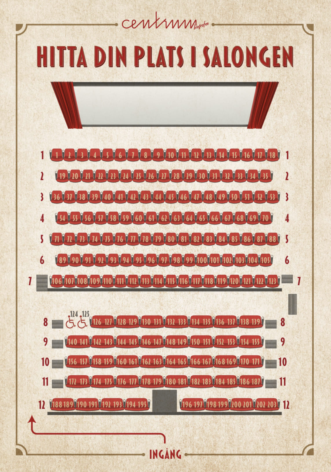 Modern biokarta över sittplatserna på Centrumbiografen i sala